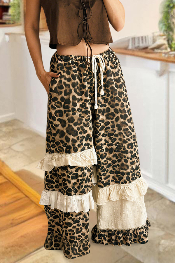 Women's pants | Retro Leopard Print Ruffled Drawstring Wide-Leg Pants |ladyboutiquebd