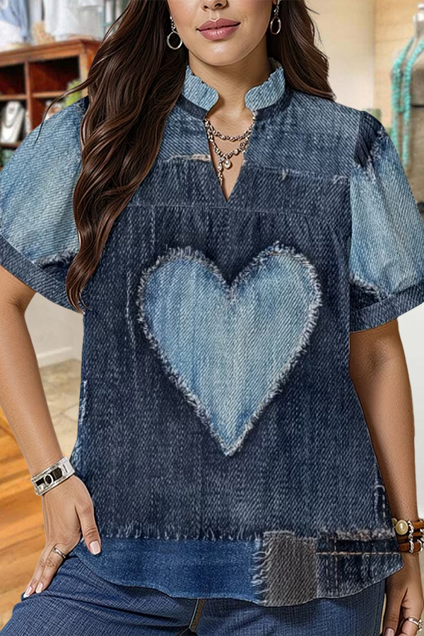 Denim-Style Heart Puff Sleeve Shirt