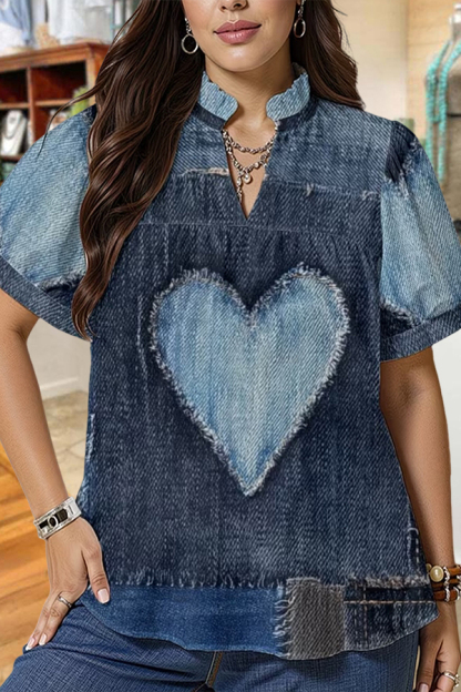 Denim-Style Heart Puff Sleeve Shirt