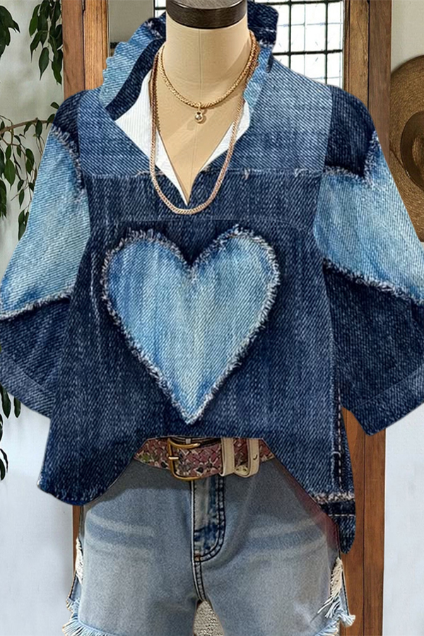 Denim-Style Heart Puff Sleeve Shirt