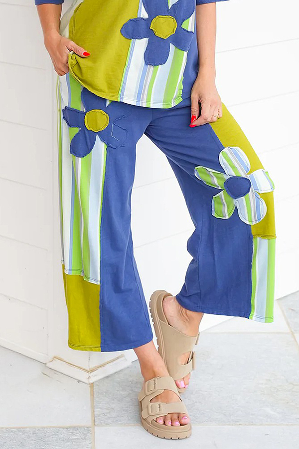 Colorful Floral Patchwork Elastic Waist Casual Pants