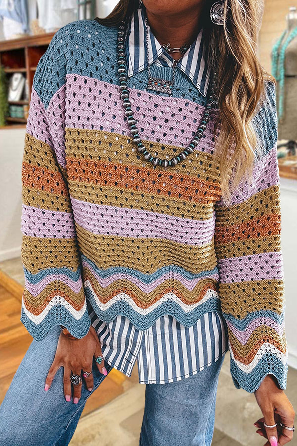 Colorful Crochet Openwork Petal Hem Sweater