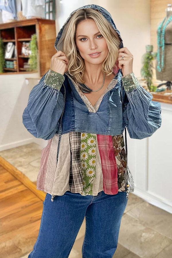 Country Denim Daisy Ruched Hoodie