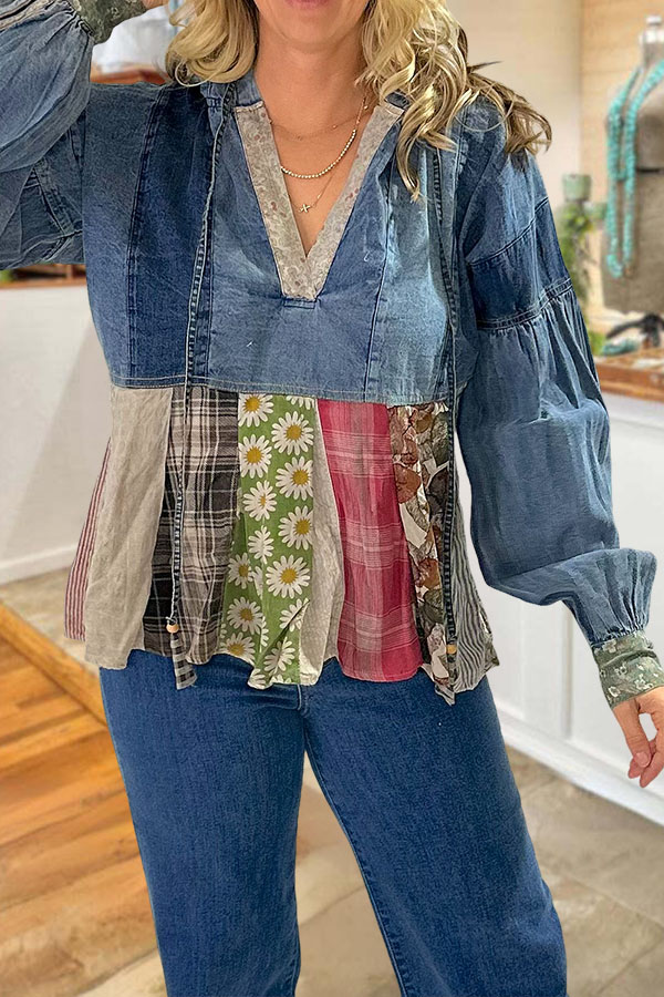 Country Denim Daisy Ruched Hoodie