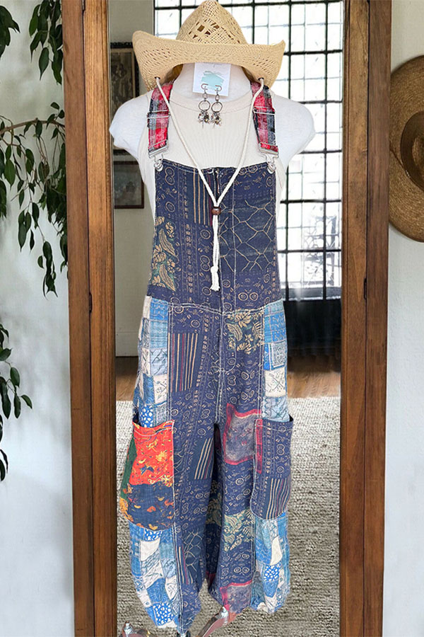 Ethnic-Style Printed Patchwork Pocket Overalls