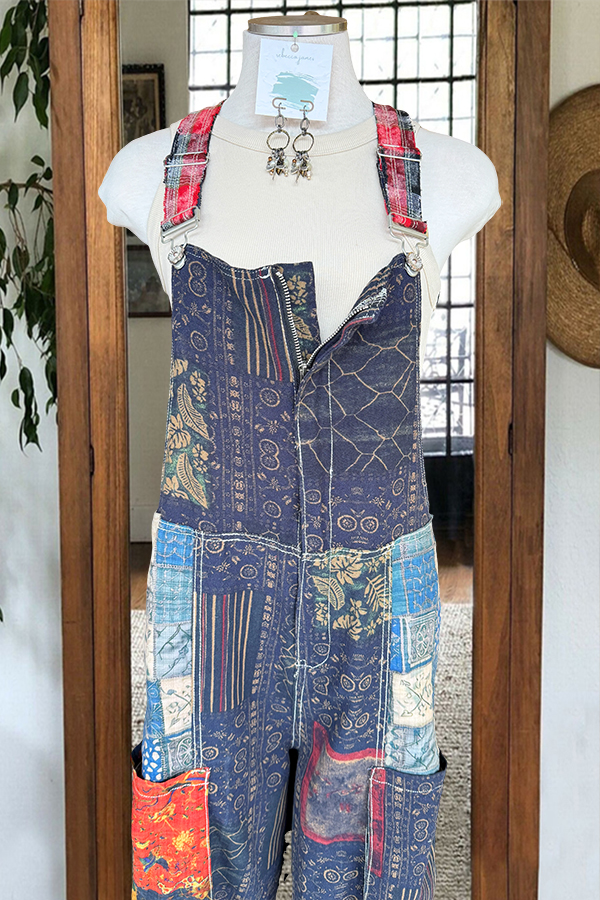 Ethnic-Style Printed Patchwork Pocket Overalls