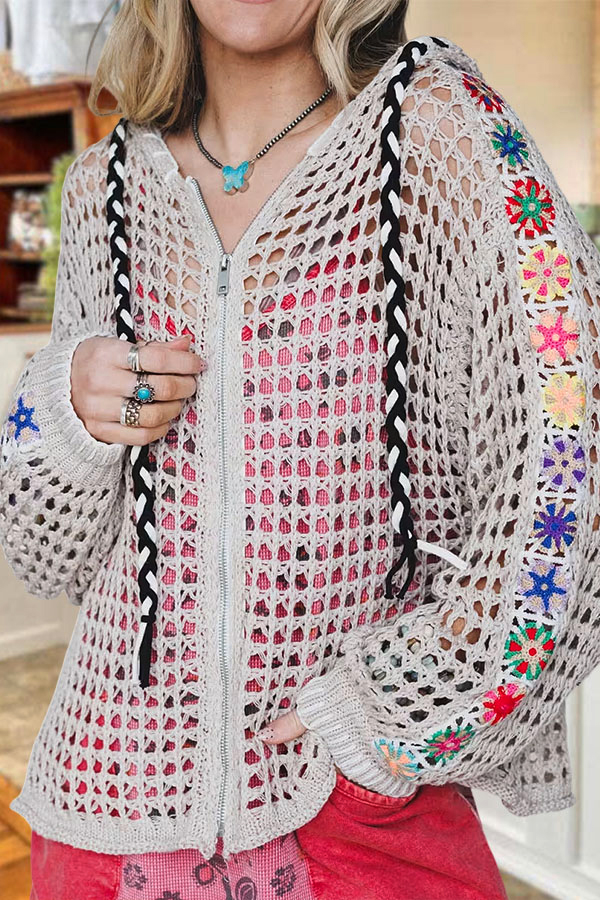 Colorful Floral Crochet Zip-Up Hooded Cardigan