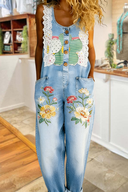 Pastoral Floral Washed Cotton Denim Overalls