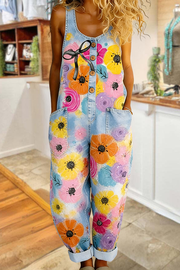 Women's jumpsuit | Cute Floral Bow Washed Cotton Denim Overalls |Shopify-ladyboutiquebd