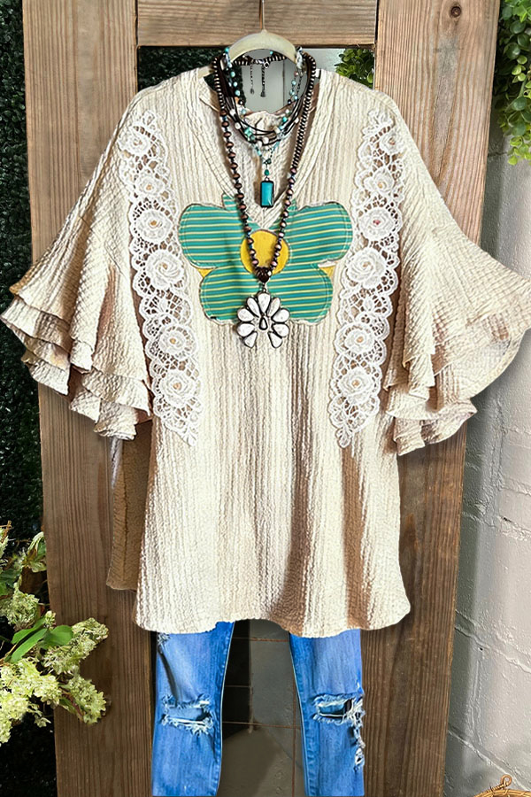 Textured Floral Lace Patchwork Ruffled Sleeve Top