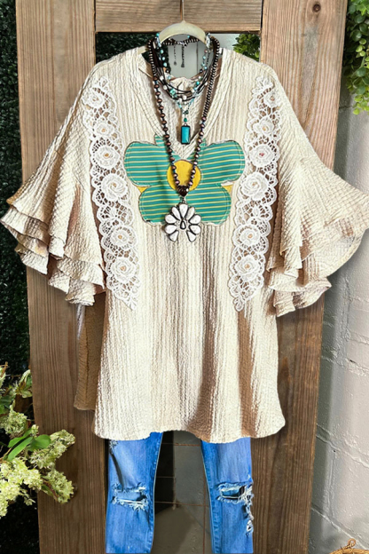 Textured Floral Lace Patchwork Ruffled Sleeve Top