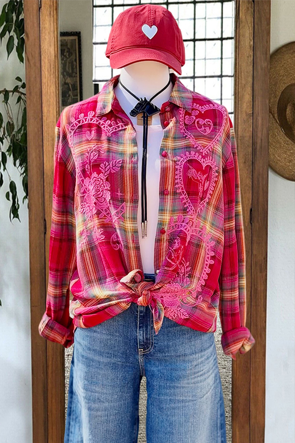 Cotton Gradient Plaid Heart Shirt