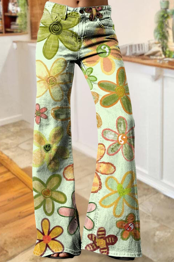 Fresh Washed Cotton Denim Floral Wide-Leg Pants