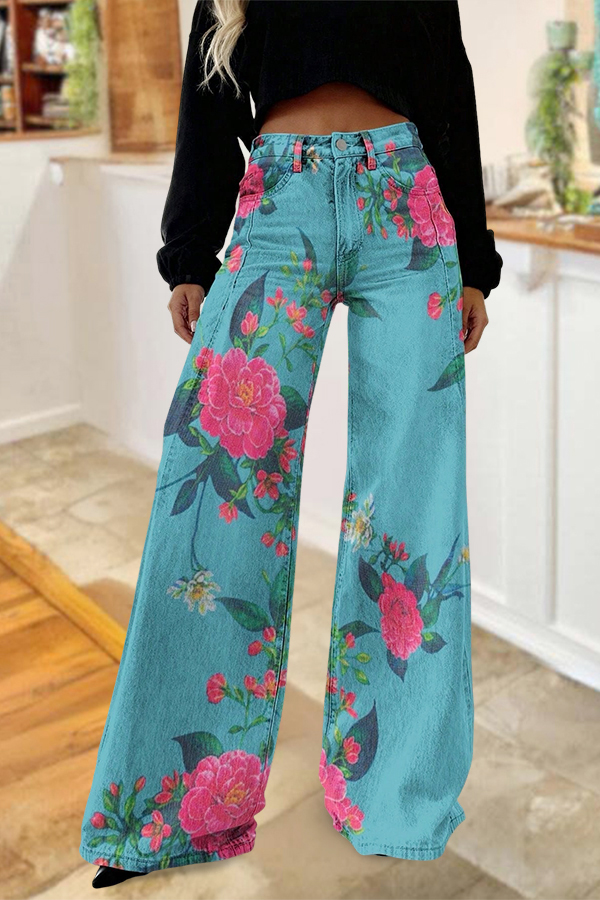 Retro Washed Cotton Denim Floral Wide-Leg Pants