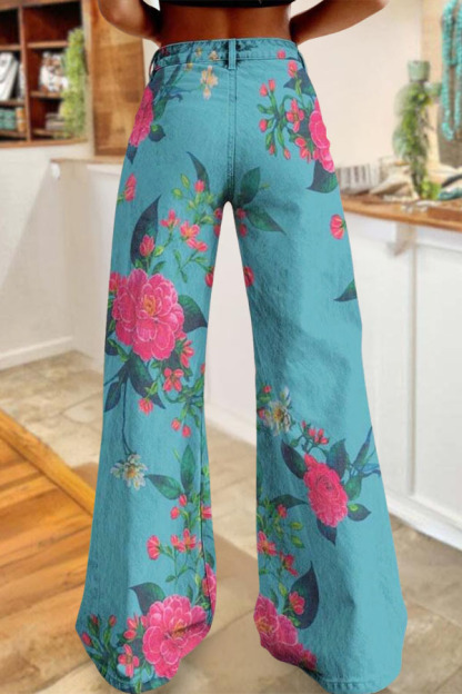 Retro Washed Cotton Denim Floral Wide-Leg Pants