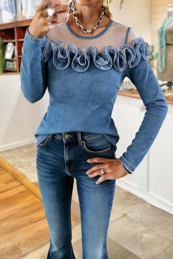 Cozy Stretch Denim Sheer Ruffle Patchwork Top