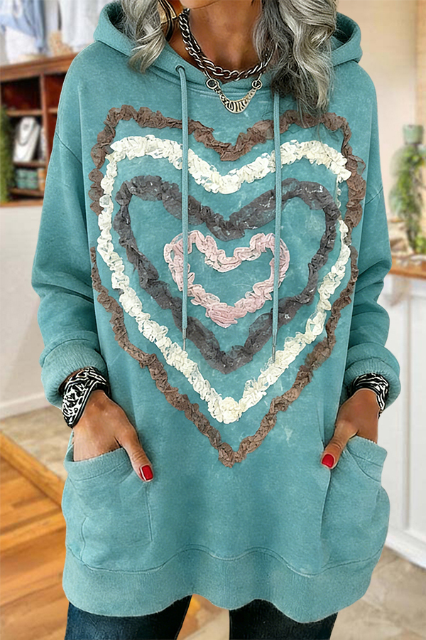 Women's top | Retro Heart Ruffle Pocket Hoodie |Shopify-ladyboutiquebd
