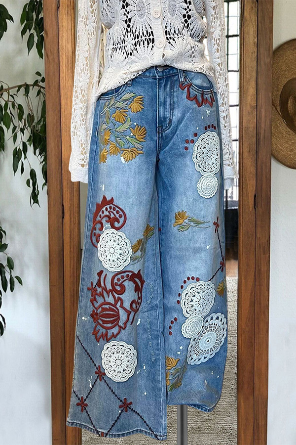 Denim-Style Lace Print Wide-Leg Pants