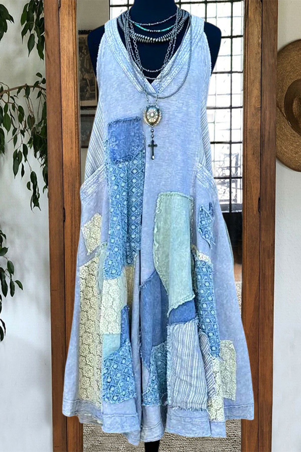 Bohemian Lace Patchwork Pocket Sleeveless Dress