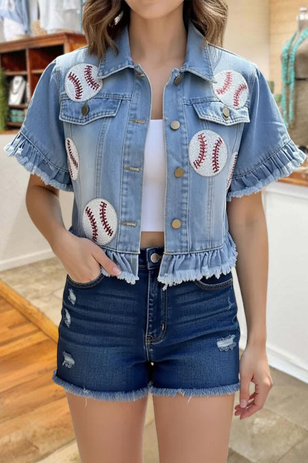 Women's jacket | Game Day Baseball Denim Ruffle Lightweight Jacket |Shopify-ladyboutiquebd