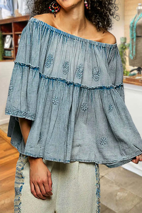 Denim-Style Embroidered Elastic Round Neck Top