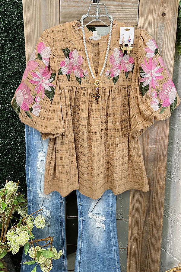 Bubble-Textured Ruffle Floral Ruched Shirt