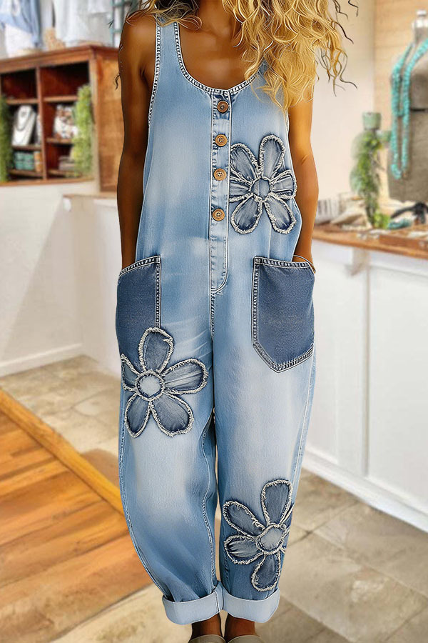 Women's jumpsuit | Retro Washed Cotton Denim Floral Double Pocket Overalls |Shopify-ladyboutiquebd