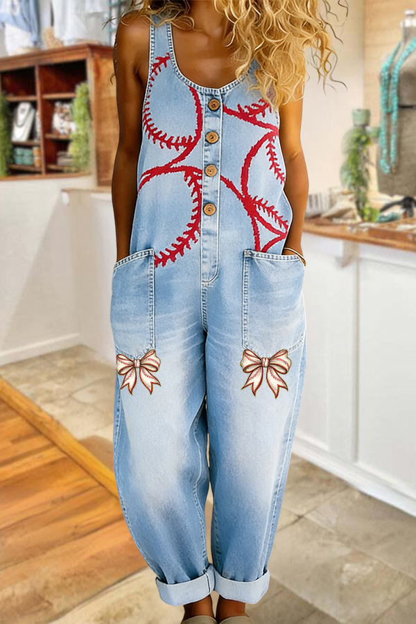 Women's jumpsuit | Game Day Baseball Denim Bow Double Pocket Overalls |Shopify-ladyboutiquebd