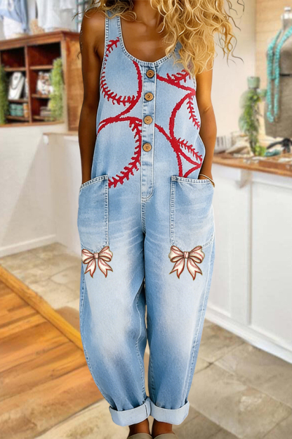 Game Day Baseball Denim Bow Double Pocket Overalls