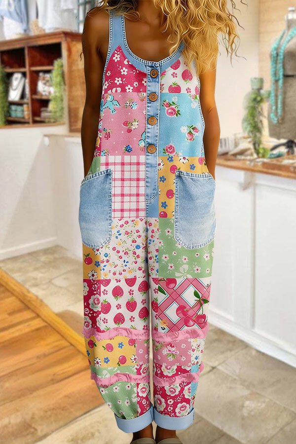 Fresh Washed Cotton Floral Double Pocket Overalls