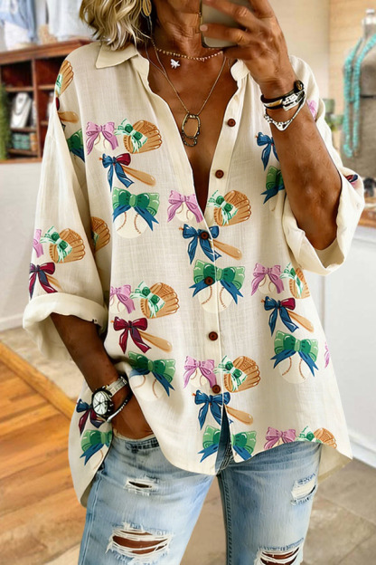 Game Day Baseball Bow Breathable Polka Dot Linen Shirt