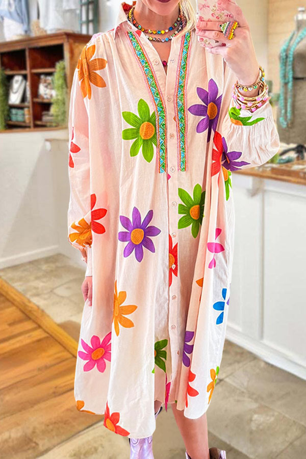 Women's dress | Cute Colorful Floral Beach Linen Shirt Dress |Shopify-ladyboutiquebd