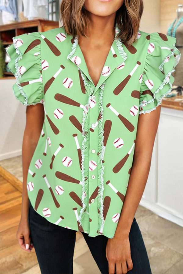 Game Day Baseball Fresh Denim Ruffle Sleeve Shirt