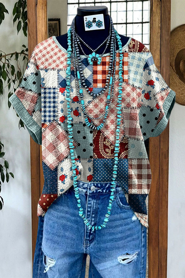 Country-Style Plaid Patchwork Batwing Sleeve Top