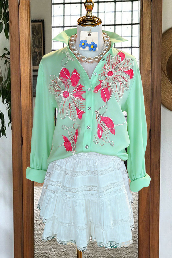 Fresh Color-Blocked Floral Cotton Beach Shirt