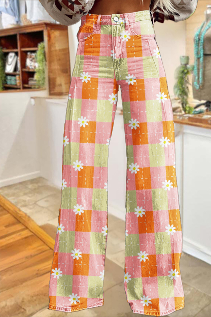 Fresh Daisy Plaid Washed Cotton Wide-Leg Pants