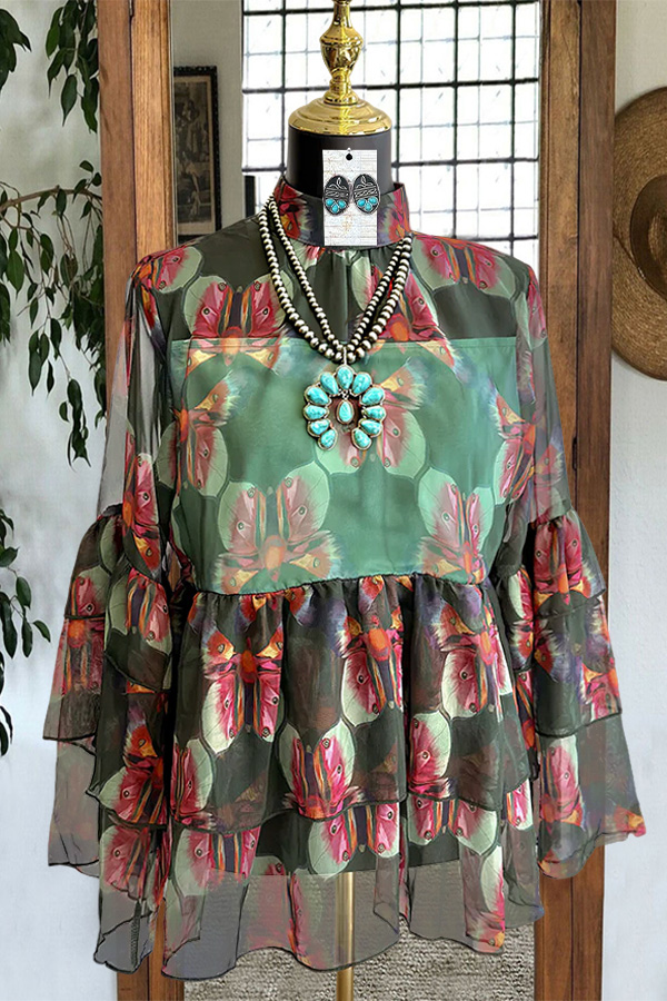 Flowy Turquoise Butterfly-Patterned Ruffle Sleeve Shirt