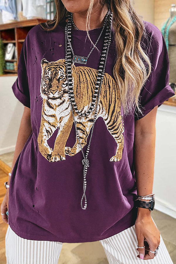 Retro Distressed Tiger Crew Neck T-Shirt
