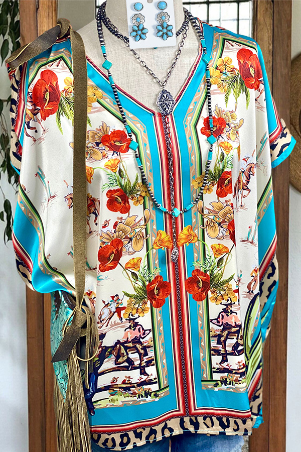 Western Turquoise Floral Satin Top