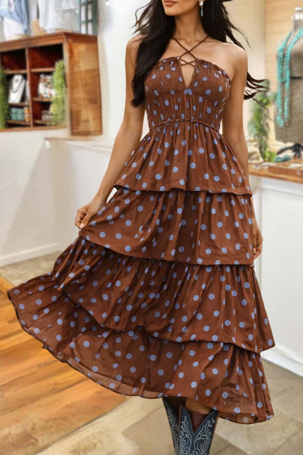 Retro Polka Dot Ruched Layered Ruffle Dress