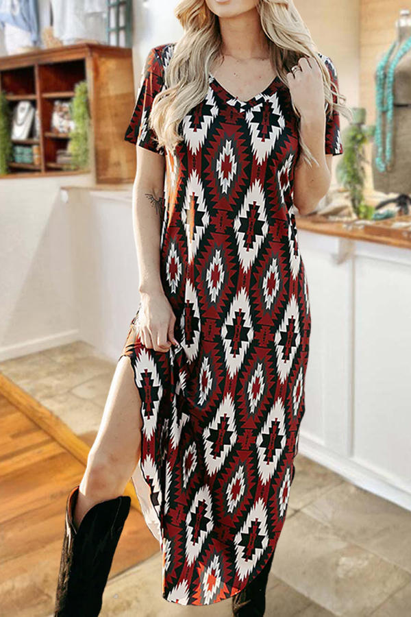 Western Aztec Print Slit Midi Dress