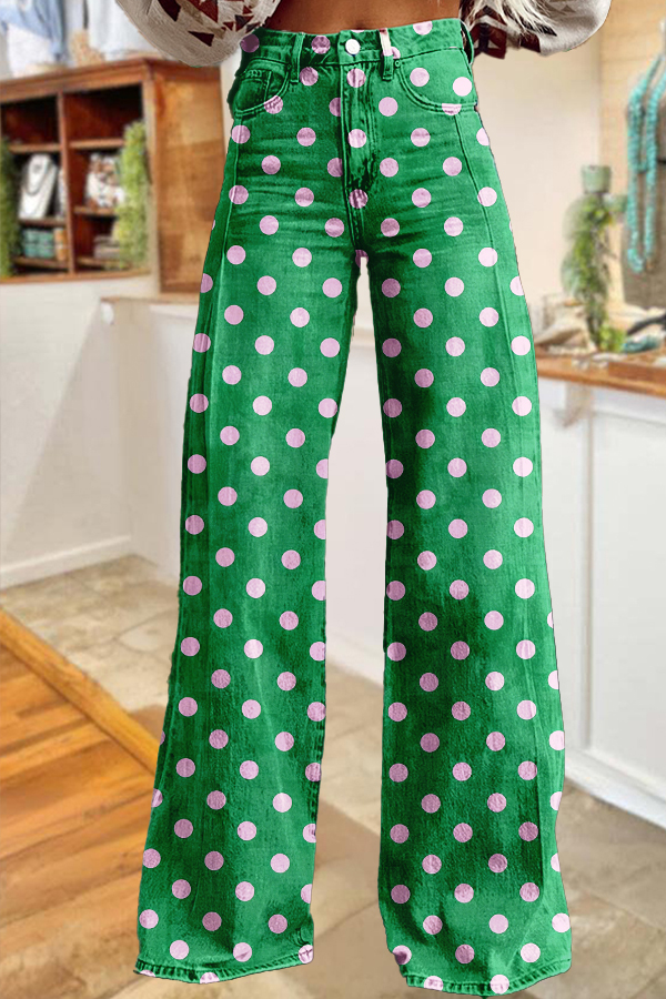 Retro Washed Cotton Polka Dot Wide-Leg Pants