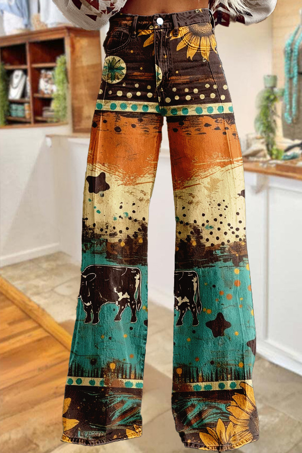 Western Daisy Washed Cotton Wide-Leg Pants