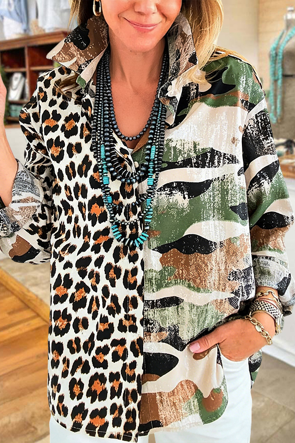 Washed Cotton Leopard Camouflage Patchwork Shirt
