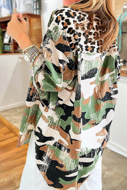Washed Cotton Leopard Camouflage Patchwork Shirt