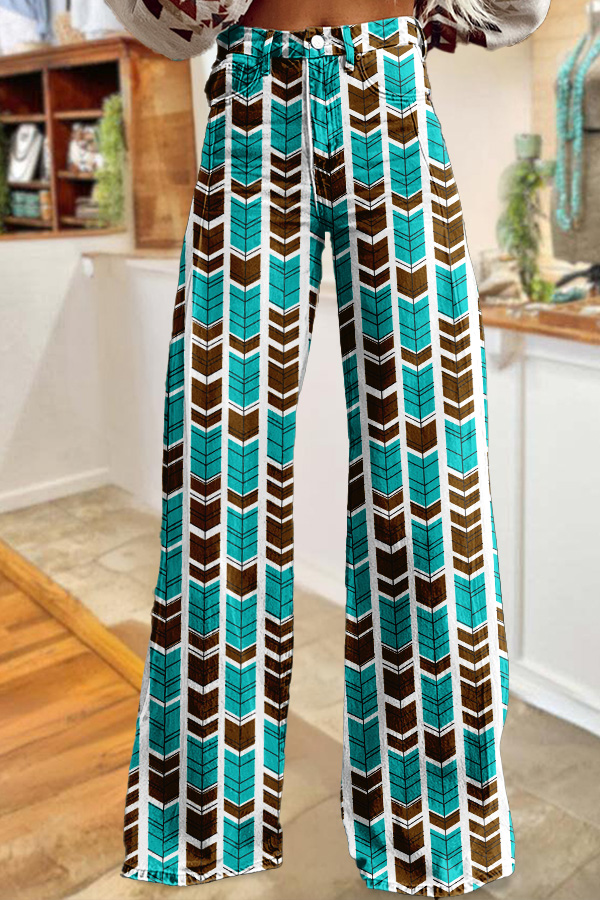 Aztec Turquoise Striped Washed Cotton Wide-Leg Pants