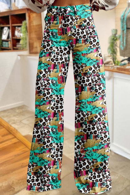 Western Washed Cotton Leopard Print Wide-Leg Pants