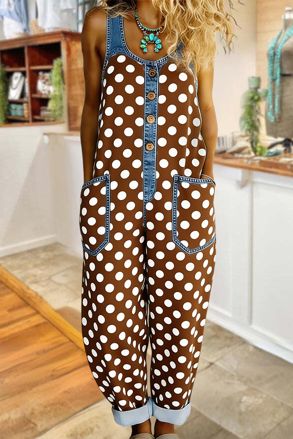 Classic Polka Dot Washed Cotton Denim Jumpsuit