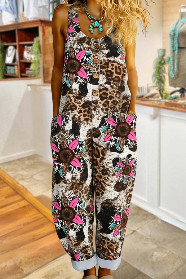Western Cowboy Leopard Print Daisy Button Jumpsuit