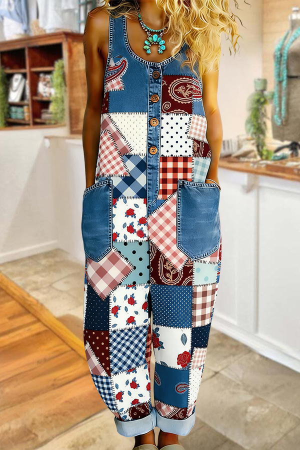 Retro Plaid Patchwork Denim Button Jumpsuit